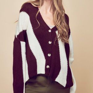 Petal Dew Two-Tone Rib-Knit Drop Shoulder Cardigan